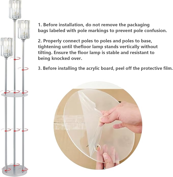 HMVPL Crystal Floor Lamps for Living Room, Modern Floor Lamp with Shelves, 3-Lights Standing Lamp with Crystal Shade, On/Off Foot Switch, Silver Corner Floor Lamp for Bedroom Living Room Office(66") - Aura Lighting