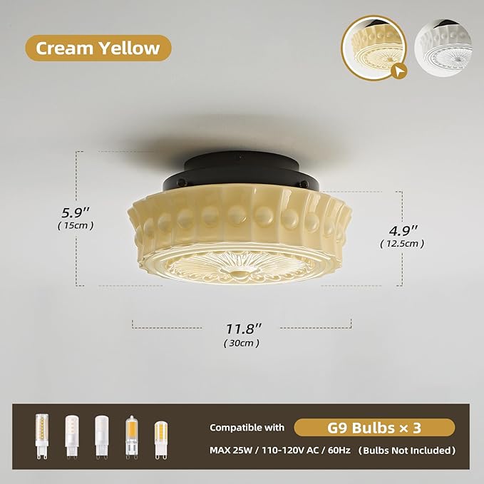 Schoolhouse Vintage Glass Ceiling Light - Small 12 Inch Cream Yellow Mid Century Modern Flush Mount Lighting Fixtures - Art Deco Lamp for Bedroom Kitchen Entryway Laundry Hallway Foyer Bathroom Hall - Aura Lighting