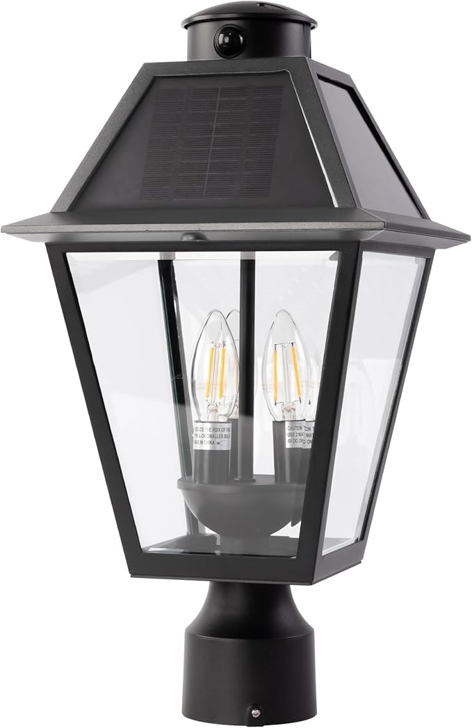 LUTEC Outdoor Solar Lamp Post Light with Motion Sensor, Dusk to Dawn Waterproof Pole Light Head with Three Modes, Exterior Black Solar Powered Fence Post Light Fixtures for Outside