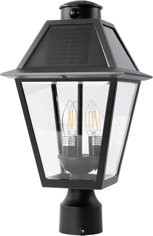 LUTEC Outdoor Solar Lamp Post Light with Motion Sensor, Dusk to Dawn Waterproof Pole Light Head with Three Modes, Exterior Black Solar Powered Fence Post Light Fixtures for Outside