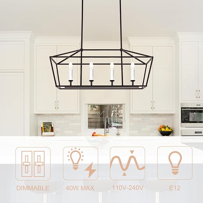 4-Light Kitchen Island Pendant Lighting Fixture, Farmhouse Dining Room Chandelier Over Table, Oil Rubbed Bronze & E12 Bulb Base
