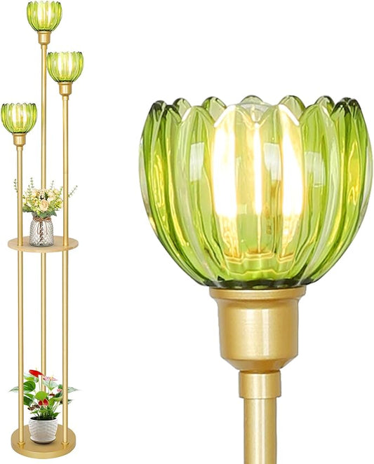 HMVPL MVPL Crystal Floor Lamp with Shelves,Floor Lamps for Living Room (Gold-Green Flower Shade, Glass) - Aura Lighting