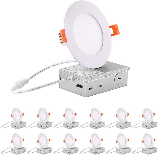 ZYC 4-Inch LED Recessed Lighting - 9W Ultra-Thin LED Ceiling Lights,2700-5000K Selectable,5CCT Dimmable Canless Wafer Downlight,800LM High Brightness,Dimmable Can Lights,Pack of 12 White.