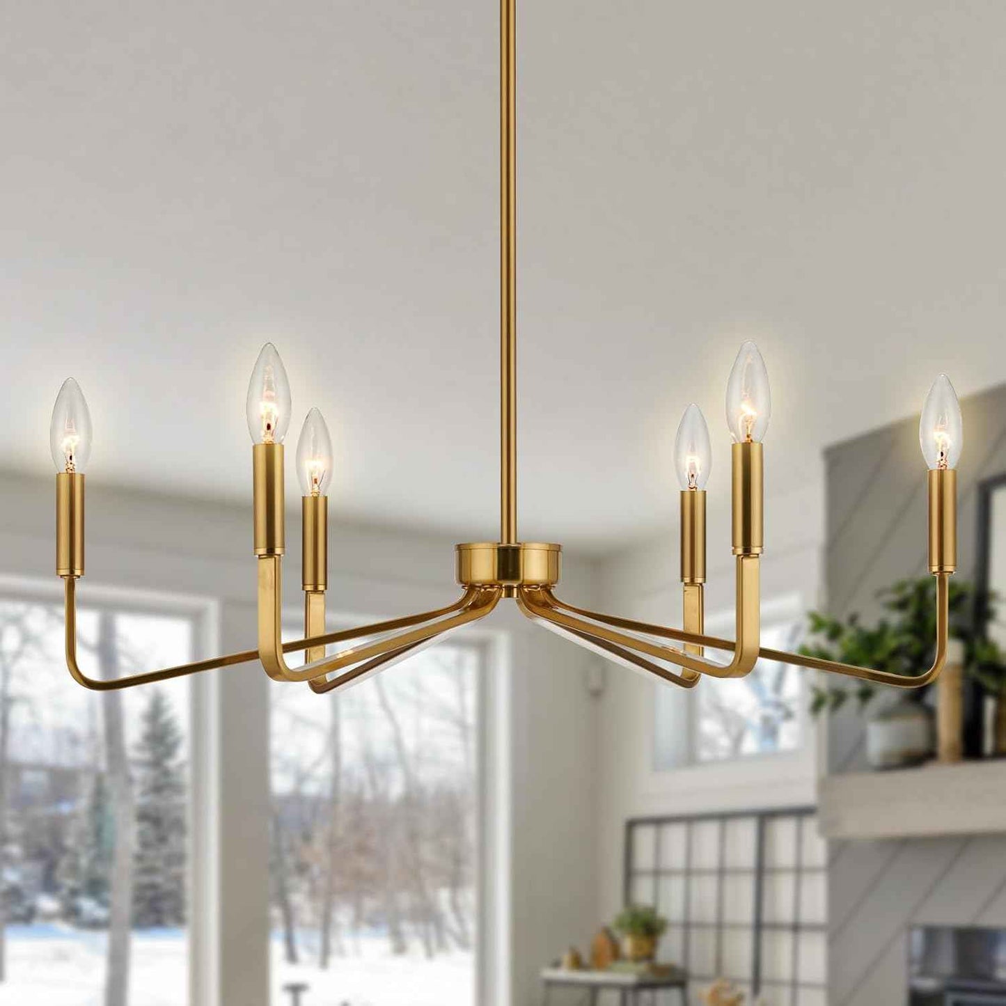 Brushed Gold Chandeliers for Dining Room, 6-Light Modern Farmhouse Chandelier, Brass Candle Style Hanging Light Fixture for Living Room Bedroom Kitchen Island