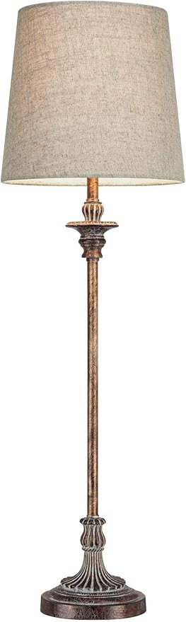Regency Hill Bentley Traditional French Country Style Buffet Table Lamps 31.5" Tall Skinny Set of 2 Weathered Brown Ridged Linen Fabric Tapered Drum Shade Decor for Living Room House Home Dining