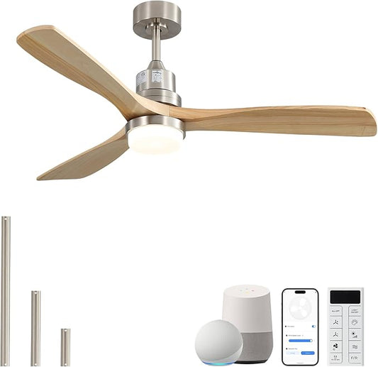 Sofucor 52 Inch Smart Ceiling Fan, Indoor/Outdoor Ceiling Fans with Lights and Remote, Work with Alexa/Google/APP, 6-Speed, Quiet DC Motor, Solid Wood 3 Blade Ceiling Fan for Bedroom Living Room Patio