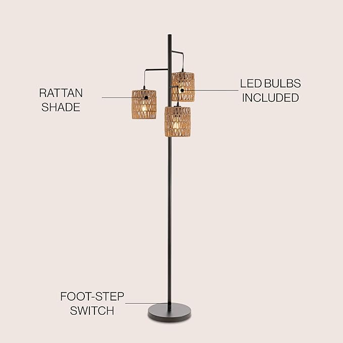 JONATHAN Y 70.75" Black 3-Light Bohemian LED Floor Lamp, Mid-Century Modern Standing Light with Natural Rattan Lantern Shades for Living Room, LED Bulbs Included JYL1150A