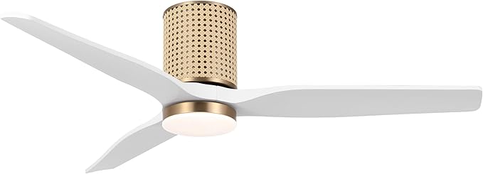 52" Ceiling Fan with Light - Low Profile Flush Mount Ceiling Fan, 6-Speed Remote Control, Solid Wood, Quiet Reversible DC Motor, White/Gold Finish, for Bedroom, Living Room, Porch - Aura Lighting