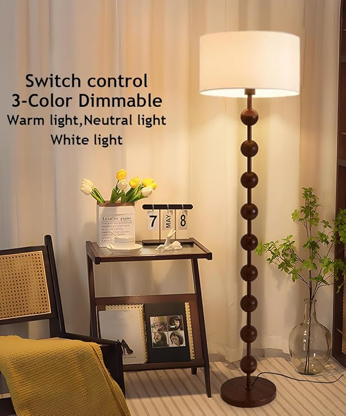 Wabi-sabi 63" Round Fabric Floor Lamp Walnut Iron Floor Light Cloth Standing Lamp with E26 Dimmable Spherical Body Tall Light for Living Room Bedroom Study Office