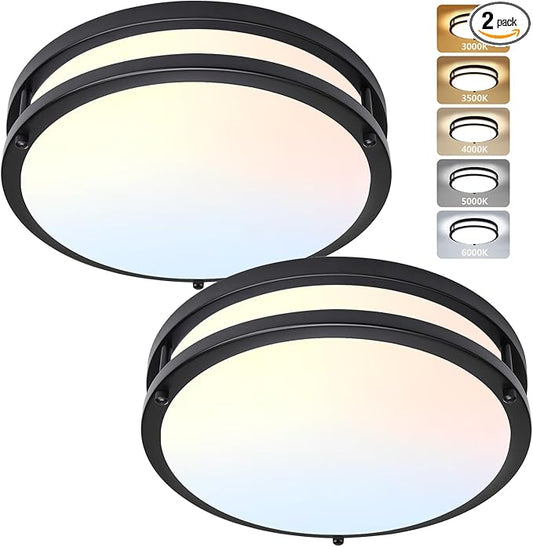 10 Inch Black Flush Mount Ceiling Light - 2 Pack 24W 3000K/3500K/4000K/5000K/6000K Dimmable Led Ceiling Light Fixture for Bedroom Bathroom Kitchen Hallway (2 Pack Black (5CCT), 10") - Aura Lighting