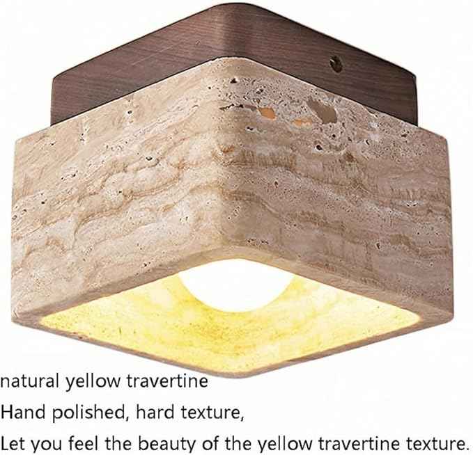 Modern Natural Travertine Ceiling Light, Square Flush Mount Lamp Wabi-Sabi Hallway Lamp, Stone Entryway Fixture Hand Polished Rustic Decor for Aisle and Corridor, 4.7 Inch(Walnut)