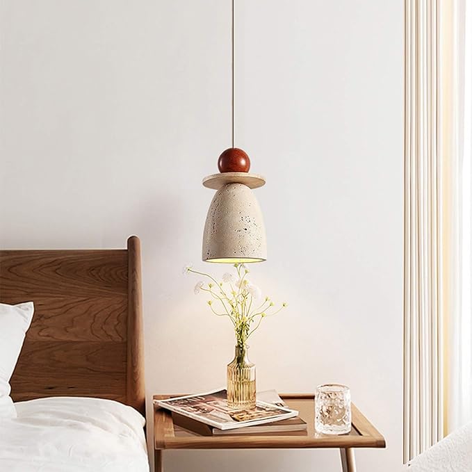 Wabi Sabi Travertine Pendant Light,Japanese Minimalist Stone & Wood Hanging Lamp Adjustable Nordic Hanging Lamp For Kitchen Island, Hallway, Bedroom, Dining Room Ceiling Decor