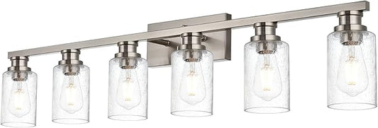 VINLUZ Bathroom Vanity Light Fixtures Over Mirror,6 Light Bathroom Wall Sconces Lighting with Metal Base and Seeded Glass Shade for Porch Workshop Dressing Table