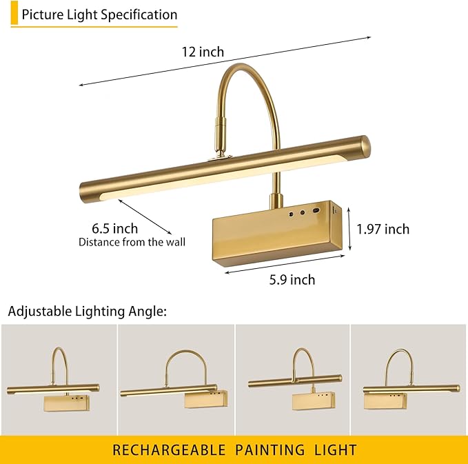 Wireless LED Picture Light, Coredless Art Lighting for Wall, Brass Battery Frame Light with Remote, 3 Color Tone & Dimmable,12 inch Wall Decor Light for Art Display,Hallway,Study Room