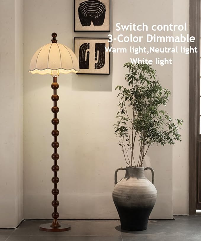 Wabi-sabi Wooden Floor Lamp 64.2" Linen Floor Light Walnut Globe Body Tall Lamp with E26 Dimmable Drum-Shaped Fabric Standing Light for Living Room Meeting Room Study Bedroom