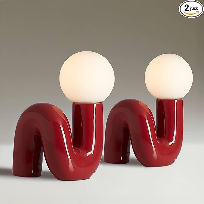 360 Lighting Fondant 11 1/2" Small Mid Century Modern Accent Table Lamps Set of 2 Velvet Red Ceramic Glass White Shade Living Room Bedroom Bedside Nightstand House Office Home