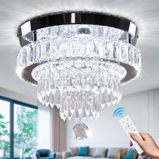 11.8" Dimmable Crystal Chandelier Crystal Ceiling Light Modern Chandeliers Flush Mount Ceiling Light Lamp Fixture for Dining Room Living Room Bedroom Hallway Remote Control