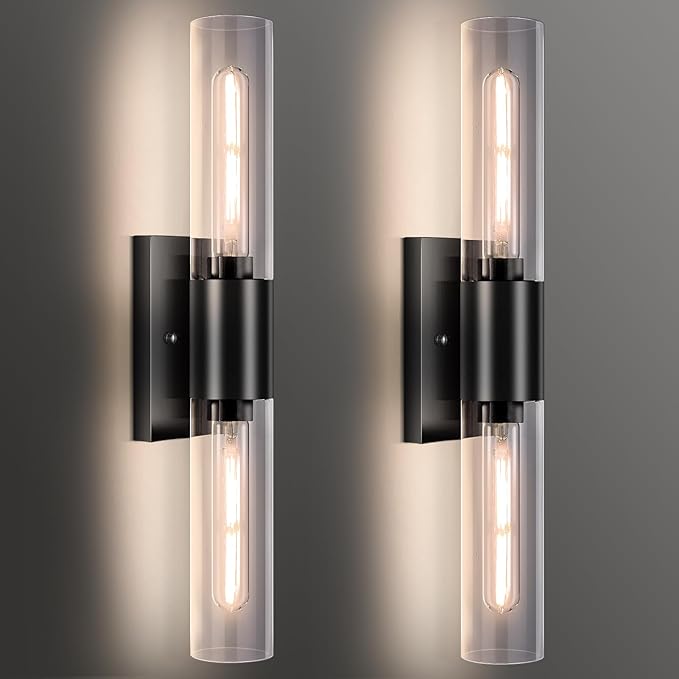 Bathroom Wall Sconces Set of Two Black , 21" Modern 2-Light Vanity Light Tube Wall Sconce, Clear Glass Indoor Hardwired Mounted Lamps for Living Room,Bedroom,Hallway-Black Clear (Bulb Not Included) - Aura Lighting
