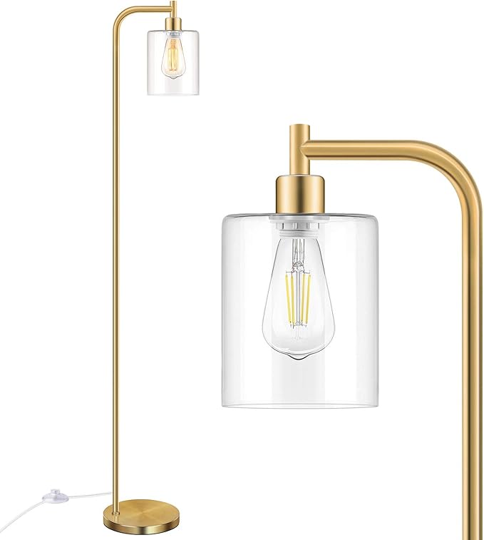 Industrial Floor Lamp with Hanging Glass Shade Brass Gold Farmhouse Indoor Pole Light with Edison E26 Base Vintage Rustic Standing Tall Lighting for Living Room Bedroom Office( ST64 Bulb Included)