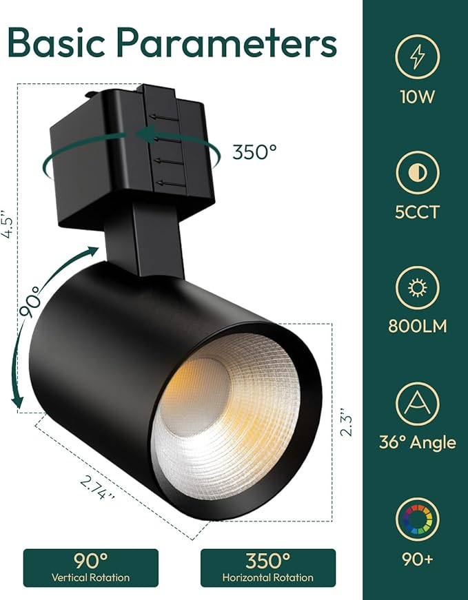 ALAMPEVER 6 Pack LED Track Lighting Heads, Dimmable J Type LED Track Lights with 5 Selectable Color Temperatures, 2700K/3000K/3500K/4000K/5000K, 10W, 800LM, 36°, Ideal for Home Commercial Use, Black - Aura Lighting