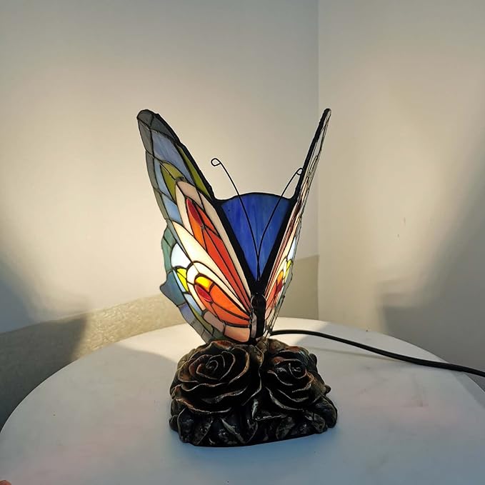 Bieye L10040 Butterfly Tiffany Style Stained Glass Accent Table Lamp, Night Light (Multi-Colored C)