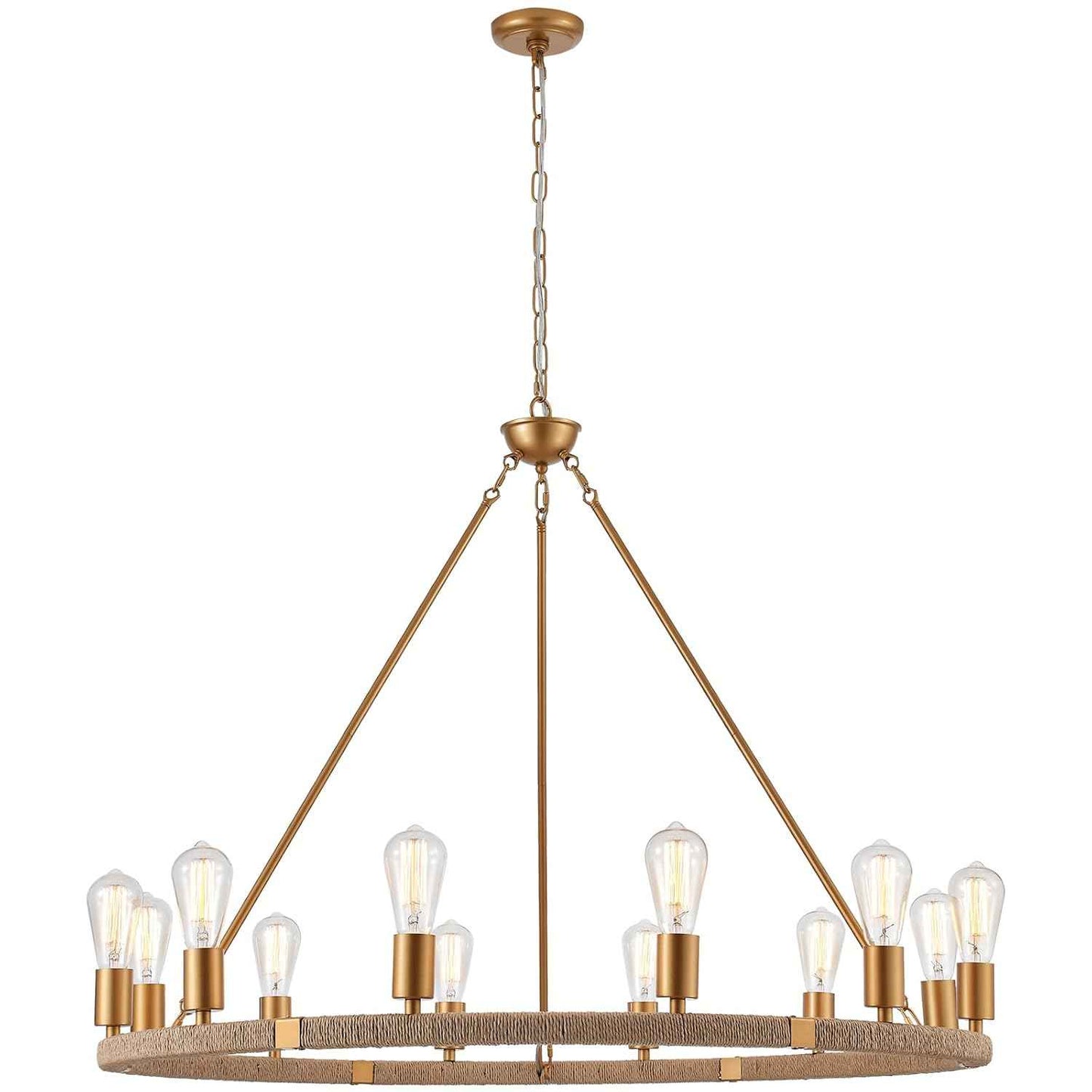 12-Lights Wagon Wheel Chandelier Bohemia Hand Woven Rattan Chandelier Farmhouse Large Pendant Light for High Ceilings Living Room Dining Room, Brass, Dia 42 Inch, UL Listed