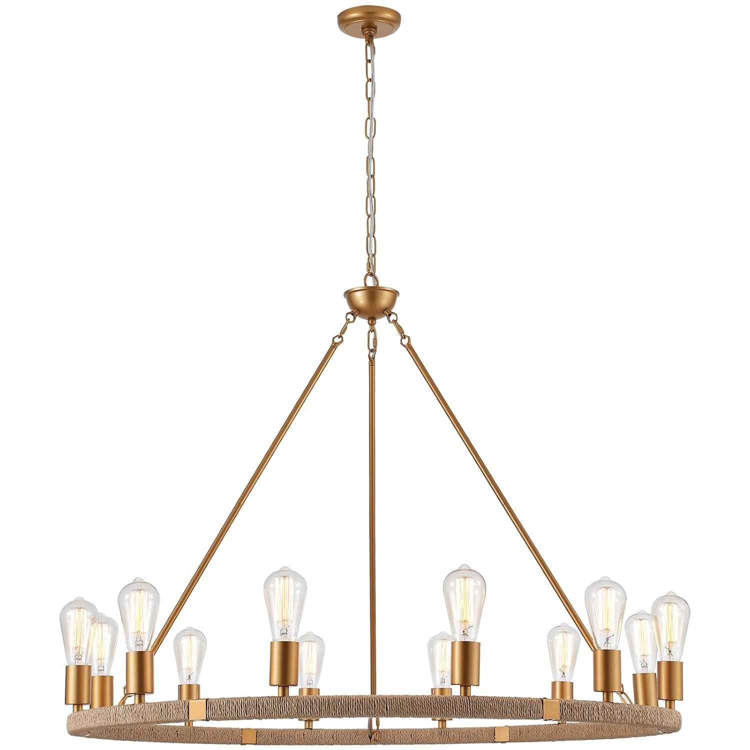 12-Lights Wagon Wheel Chandelier Bohemia Hand Woven Rattan Chandelier Farmhouse Large Pendant Light for High Ceilings Living Room Dining Room, Brass, Dia 42 Inch, UL Listed
