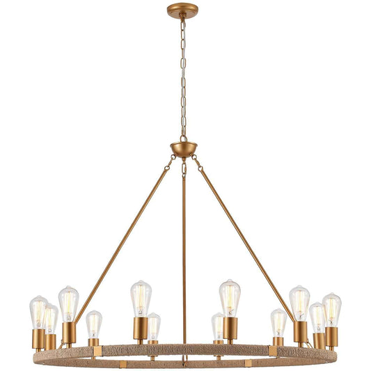 12-Lights Wagon Wheel Chandelier Bohemia Hand Woven Rattan Chandelier Farmhouse Large Pendant Light for High Ceilings Living Room Dining Room, Brass, Dia 42 Inch, UL Listed