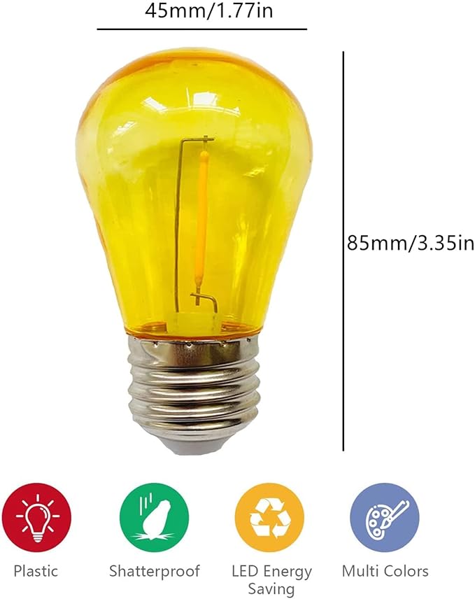15 Pack S14 LED Bulbs Yellow Christmas Replacement Bulb for Outdoor String Lights 1W Vintage LED Edison Filament Bulb E26 Base Plastic Decorative Bulb for Outdoor Patio Christmas Decor(Yellow)