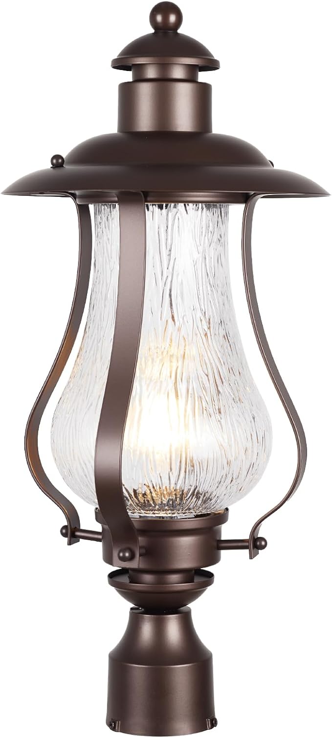 Treekee Outdoor Post Light Fixture, Vintage Brown Pole Lantern with Wood Grain Glass, Farmhouse Exterior Post Lamp with E26 Socket for Garden, Pathway, Patio, Porch, Courtyard, Driveway, Street - Aura Lighting
