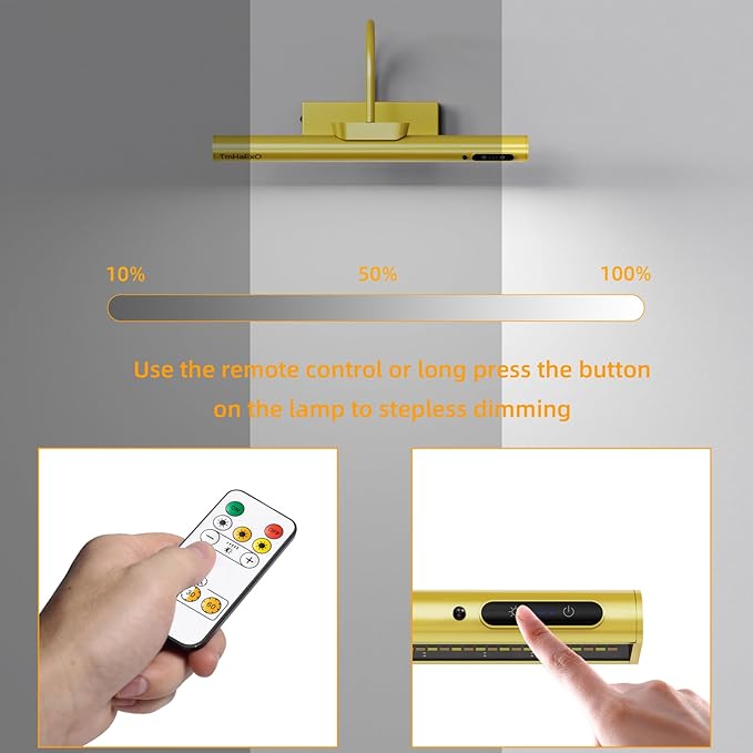 Wireless Picture Light, Battery Operated LED Painting Lights with Remote Control, Dimmable, Timer for Art Frame (Gold-13.8inch)