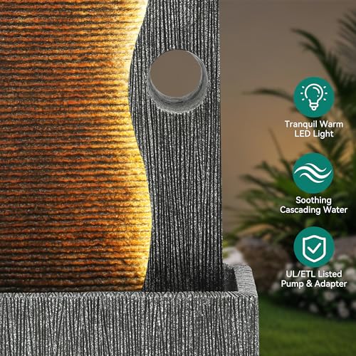AUTODAYA 39" Zen Faux Slate Outdoor Fountain LED Cascading Waterfall