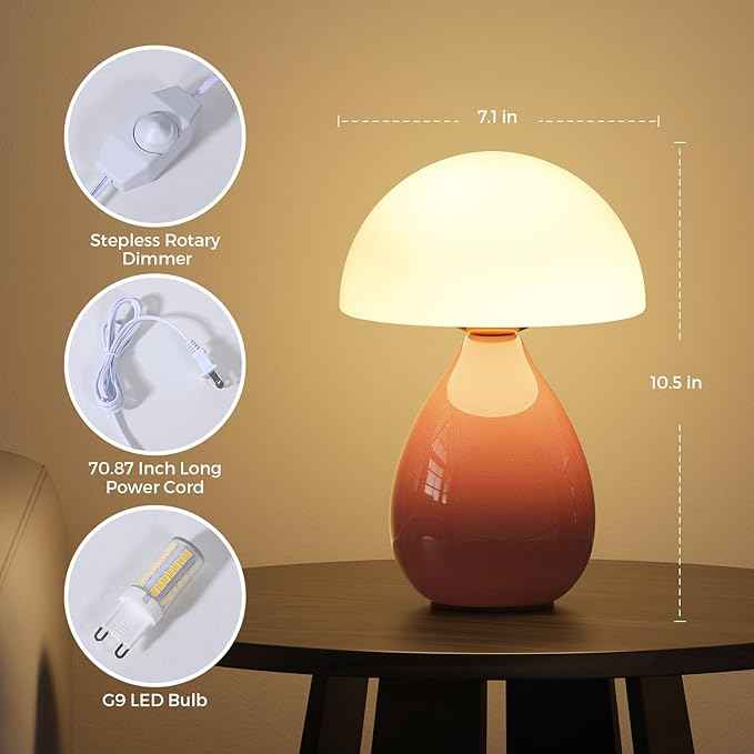 Mushroom Lamp, Vintage Small Table Lamp for Bedroom, Ice Crack Ceramic LED Night Light for Kids, Mid Century Modern Bedside Lamp for Nightstand, Living Room, Home Decor Gift Ideas for Women, Pink