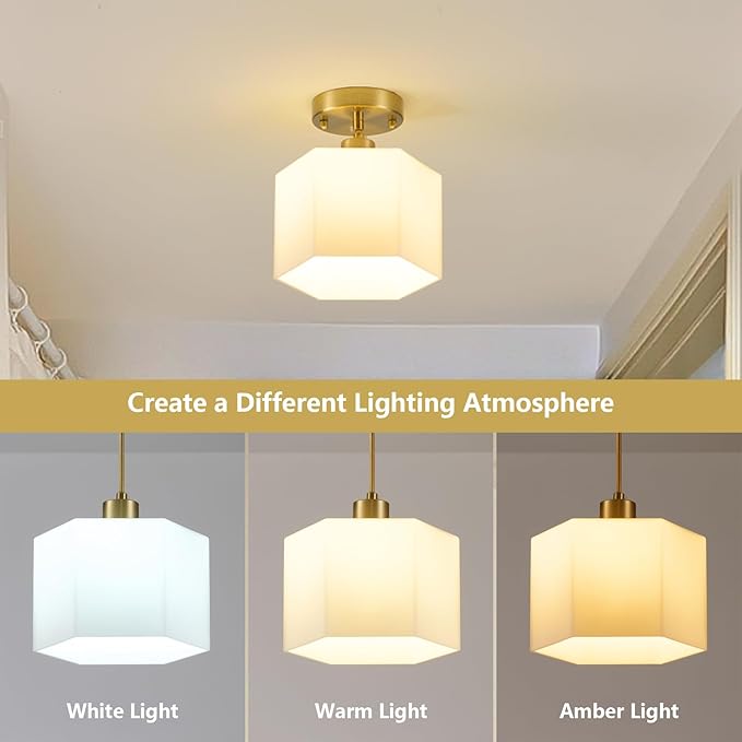 1 Pack Milk Glass Pendant Lights Kitchen Island, Modern Gold Hanging Light Fixture, Mid-Century Hexagonal Ceiling Lamp, Mini Farmhouse Chandelier for Dining Room Sink Bathroom Bedroom Hallway