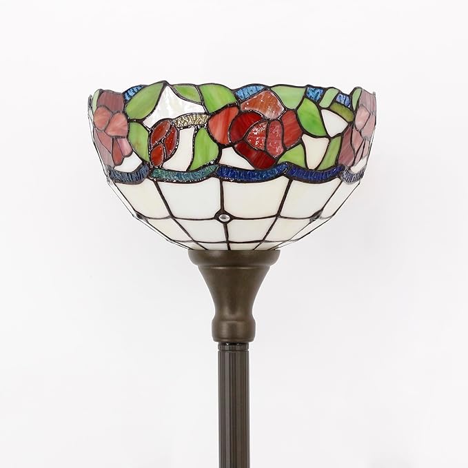 Tiffany Torchiere Floor Lamp Stained Glass Rose Flower Style Standing Corner Torch Uplight 12X12X72 Inch for Bedroom Living Room Home Office