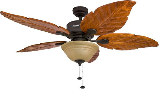 Honeywell Ceiling Fans Sabal Palm, 52 Inch Tropical LED Ceiling Fan with Light, Pull Chain, Dual Mounting Options, Hand Carved Solid Wood Blades - 50204-01 (Bronze)