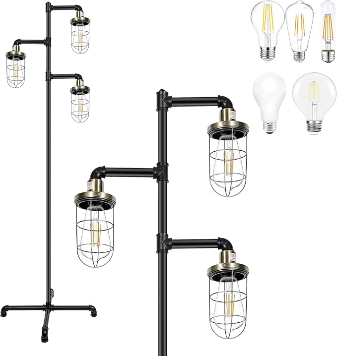 CONCA Steampunk Three Head Industrial Floor lamp with Rustic Edison Bulb and Cage Shade (Black + Green Bronze)