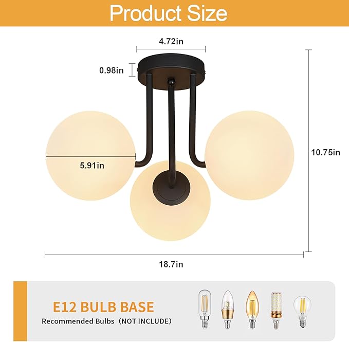 3-Light Modern Black Ceiling Light with Globe White Glass Shade Farmhouse Semi Flush Mount Ceiling Light Sputnik Chandeliers for Bedroom Living Room Dinning Room Foyer Hallway - Aura Lighting