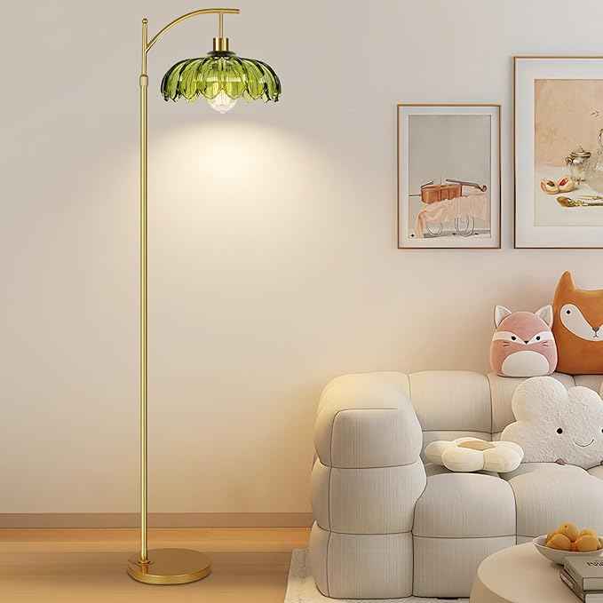 Gold Floor Lamps for Living Room Vintage Green Floor Lamp with Remote Control & Glass Lampshape,Dimmable Mid Century Modern Standing Lamp Tall Flower Lamp Brass Floor lamp for Bedroom Corner
