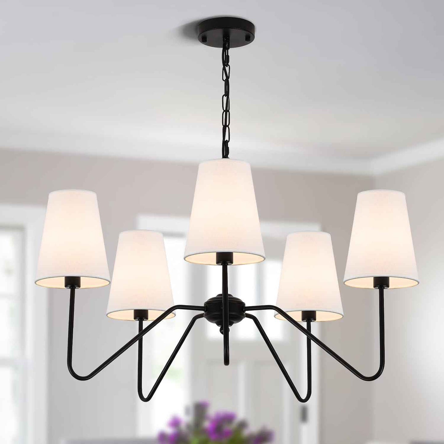 5-Arm Chandelier, 30" Modern Pendant Light with White Shade | Height Adjustable, E12 Bulb Base, Ideal for Kitchen Island Dining Room Over Table Living Room