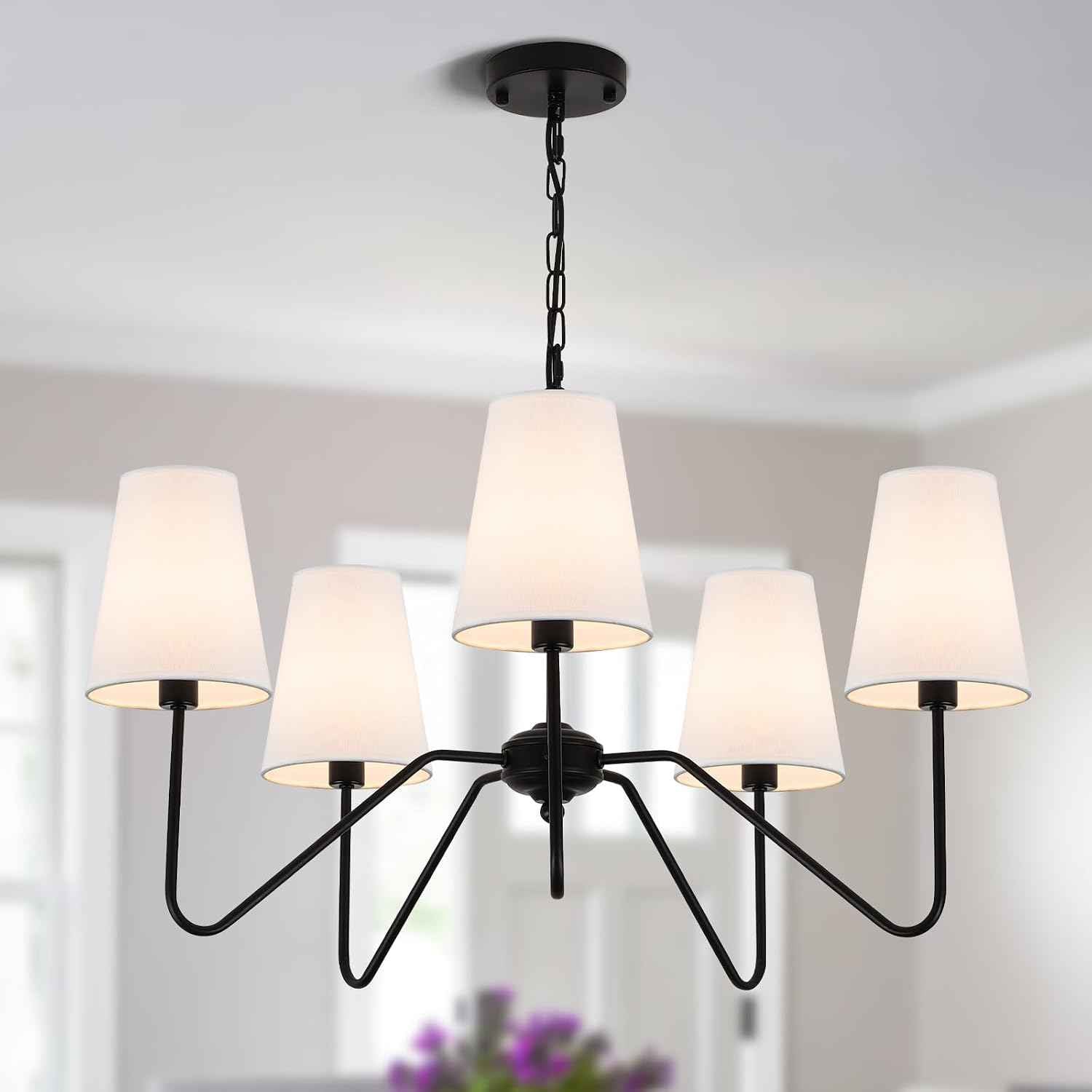 5-Arm Chandelier, 30" Modern Pendant Light with White Shade | Height Adjustable, E12 Bulb Base, Ideal for Kitchen Island Dining Room Over Table Living Room