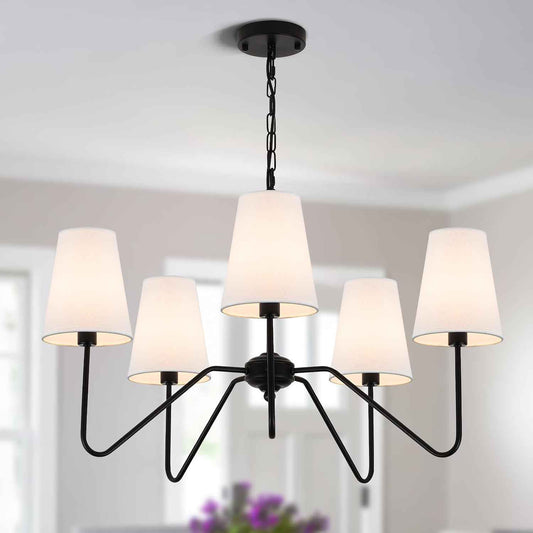 5-Arm Chandelier, 30" Modern Pendant Light with White Shade | Height Adjustable, E12 Bulb Base, Ideal for Kitchen Island Dining Room Over Table Living Room