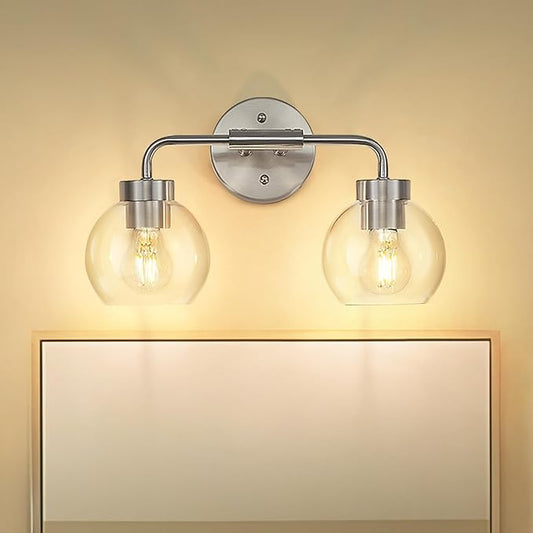 zeyu Modern Bathroom Vanity Lamp, Globe Vanity Light for Bathroom, 2-Light Wall Mirror Light, Brushed Nickel Finish with Clear Glass Shade, ZS62BG-2W BN