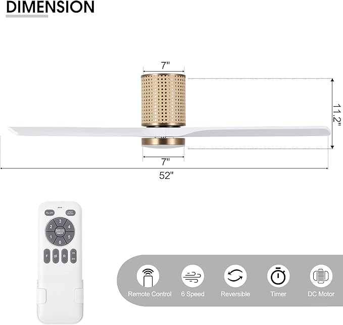 52" Ceiling Fan with Light - Low Profile Flush Mount Ceiling Fan, 6-Speed Remote Control, Solid Wood, Quiet Reversible DC Motor, White/Gold Finish, for Bedroom, Living Room, Porch - Aura Lighting