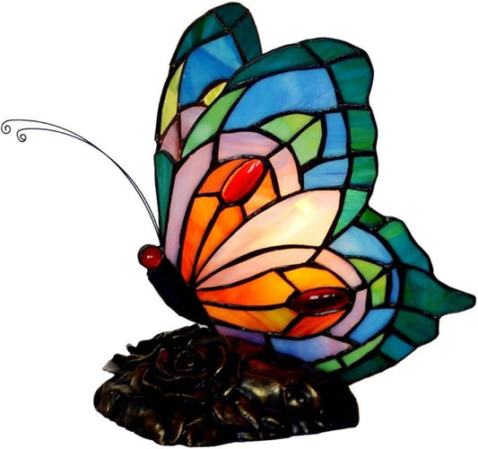 Bieye L10040 Butterfly Tiffany Style Stained Glass Accent Table Lamp, Night Light (Multi-Colored C)