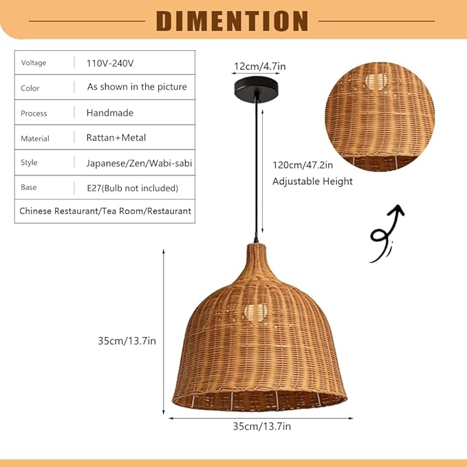 Rattan Pendant Light, Japanese Wabi-Sabi Bell Wicker Chandelier, Zen Handwoven Hanging Lamp, Farmhouse Kitchen Island Lighting Fixture,for Chinese Restaurant Tea Room Hotel Coffee Shop, E27