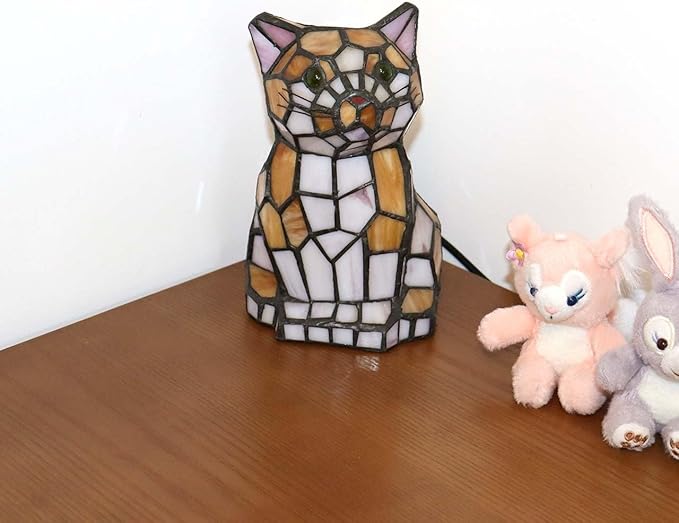 Bieye L10211 Cute Cat Waits for Someone to Play with Tiffany Style Stained Glass Accent Table Lamp Night Light for Home Decoration (One Cat, Yellow)