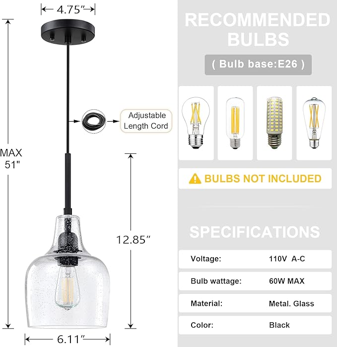 2 Pack 1 Light Indoor Hanging Kitchen Island Pendant Ceiling Light 6.1" Clear Seeded Glass Fixture,Black Finish for Farmhouse Over Sink Bedroom Hallway