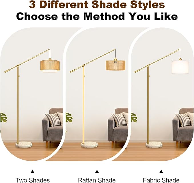 【Upgraded】Arc Floor Lamp for Living Room, Boho Dimmable Swing Arm Floor Lamp with Rattan & Fabric Shades, Gold Rattan Standing Lamp with Marble Base, Farmhouse Adjustable Tall Lamp for Bedroom Office