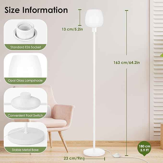 64.2'' White Floor Lamp, Modern Standing Lamp with Opal Glass shade, 3 Color Temperatures LED Bulb Included, Foot Pedal Switch, Tall Pole Standing Lamps for Living Room, Office, Bedroom, Home Decor